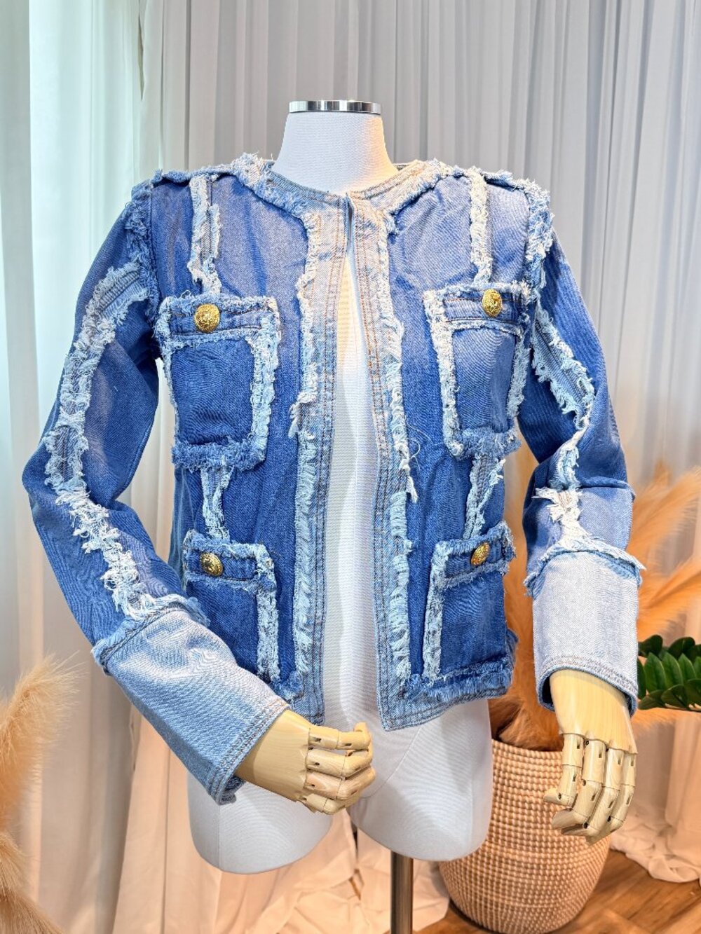 HAHL Frayed Denim Open Front Jacket Gold Buttons Size S